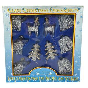 Spun Glass Christmas Ornament Set Clear Gold Accents Bells Trees Reindeer Angels